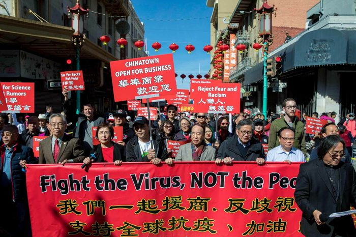 People protest racism against the Chinese community in San Francisco's Chinatown