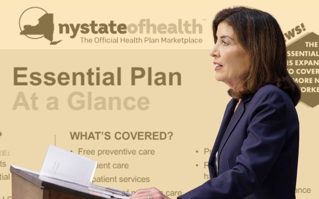 A photo collage of Governor Kathy Hochul in front of a yellow-tinted card explaining New York State of Health's Essential Plan.