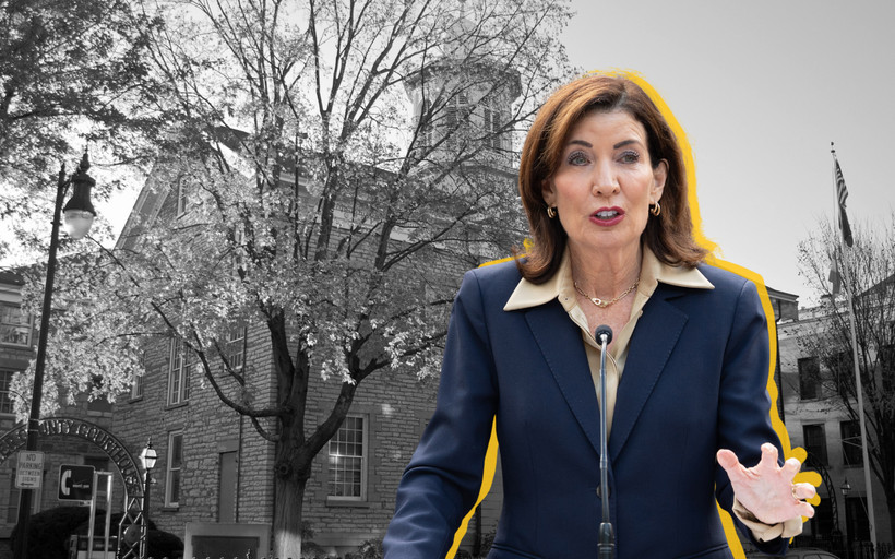 A photo collage of Kathy Hochul standing in front of the Ulster County Courthouse.