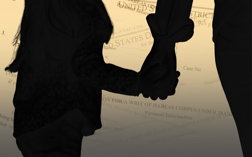 A zoomed-in silhouette of a child and adult holding hands. In the background, paperwork for habeas corpus petitions.