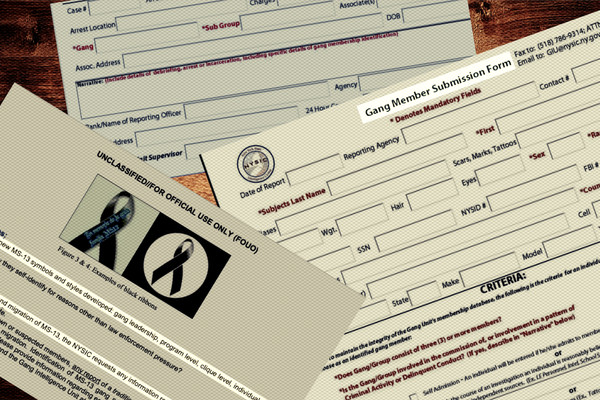 Three NYSIC gang member identification documents appear scattered on a desk.