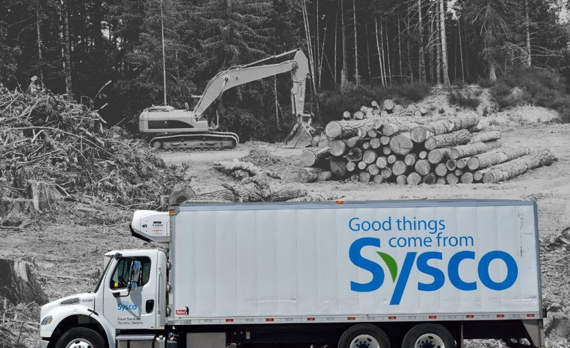 A Sysco truck against a background of logging