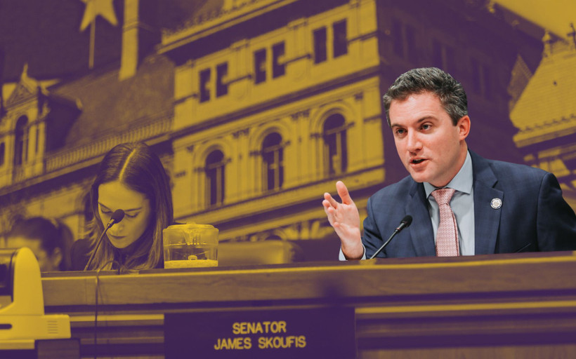 New York Senator James Skoufis is shown sitting down and speaking into a microphone during a legislative hearing.