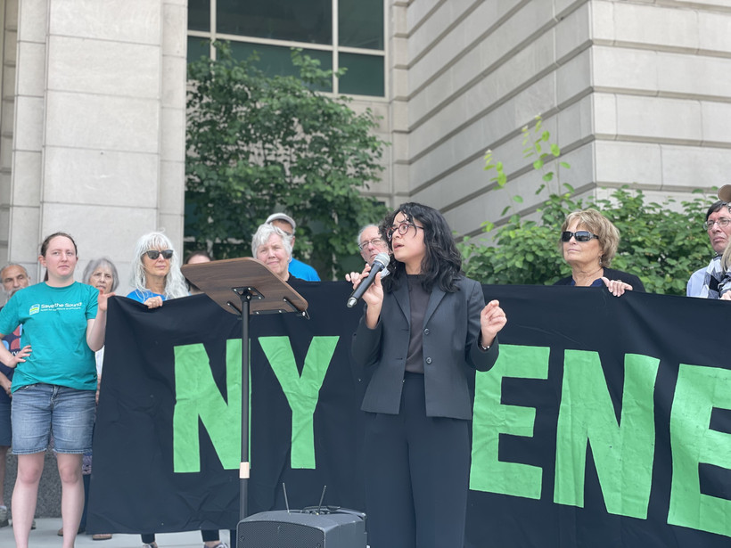 State Assemblymember Claire Valdez speaks at a rally in front of people holding a banner that reads "NY Renews."
