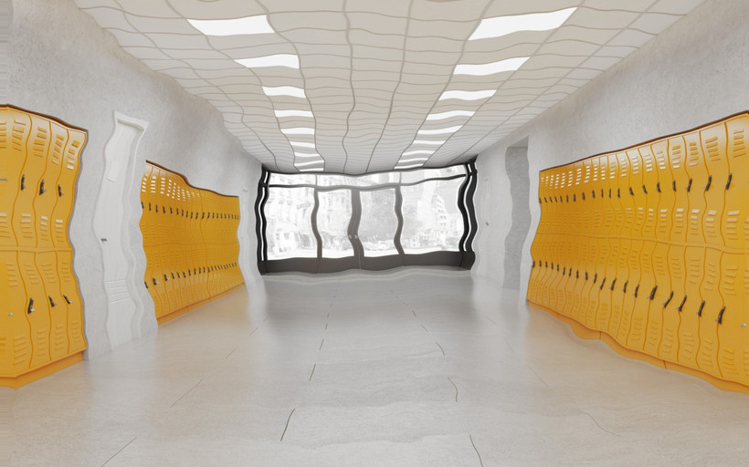 A school corridor lined with yellow lockers is distorted as though underwater.
