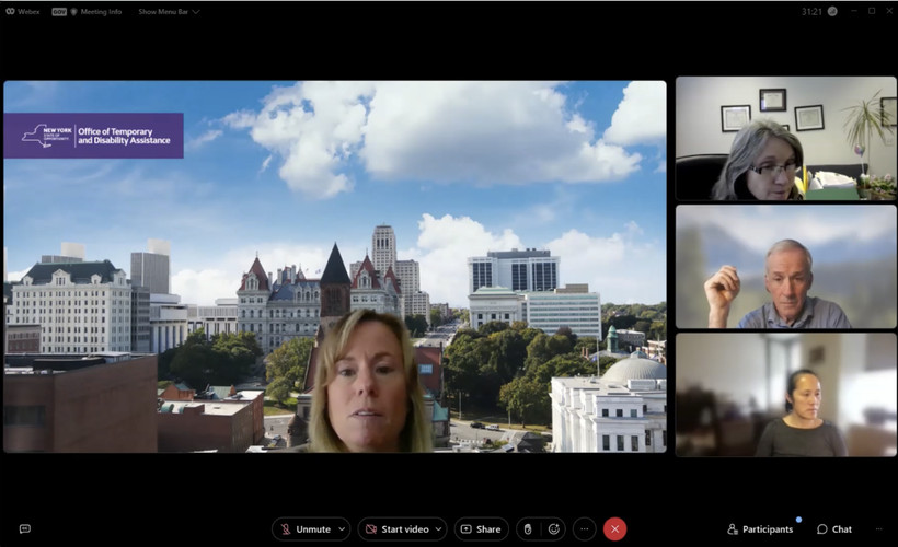 A screenshot of a zoom meeting between local social services officials and OTDA officials.