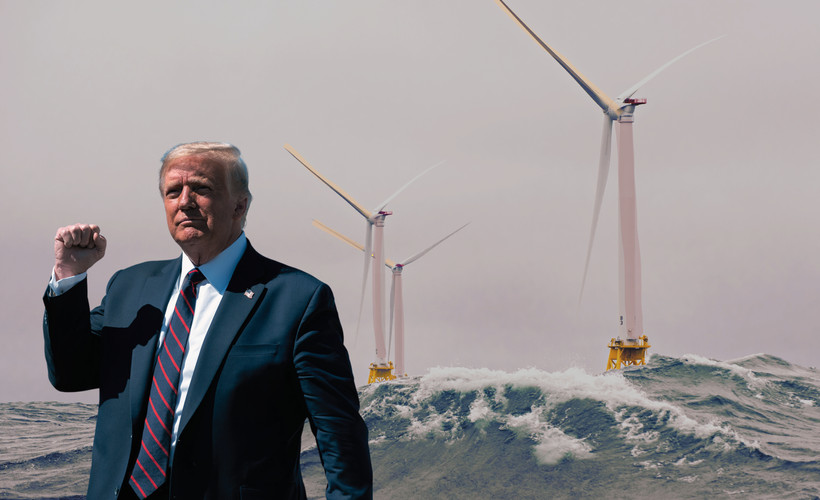 A collage with the background image of three wind turbines in the ocean. Overlayed is an image of President-elect Donald Trump with his fist in the air.