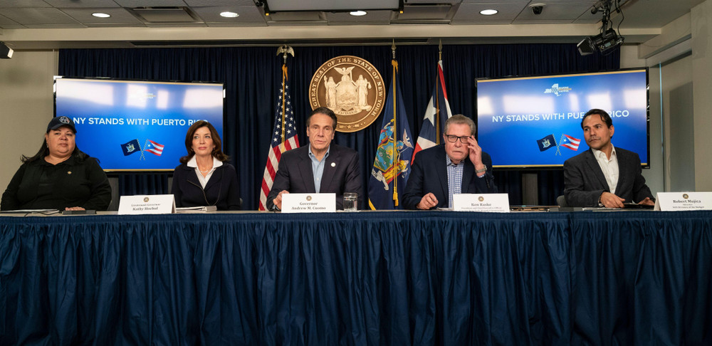 Rossana Rosado, Kathy Hochul, Andrew Cuomo, Kenneth Raske, and Robert Mujica at an announcement for aid to Puerto Rico in February 2020.