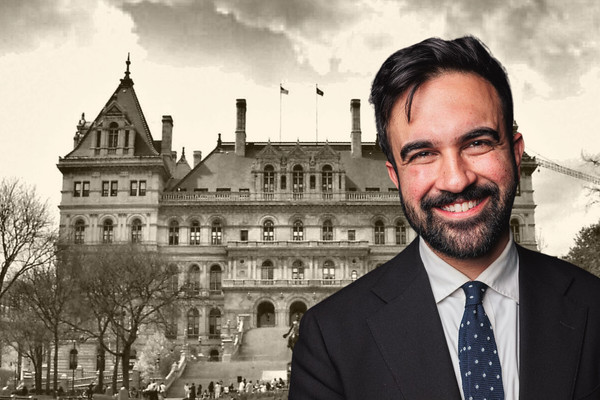 A photo collage of Zohran Mamdani in front of the New York state Capital.