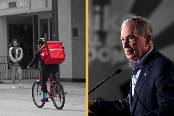 A diptych of two photos: a DoorDash delivery worker and a photo of former Mayor Michael Bloomberg.