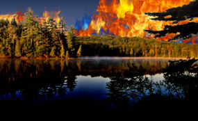 A forest overlooking Long Pond in the St Regis Canoe Area of Adirondack Park with artificial flames superimposed in the sky.