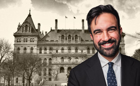 A photo collage of Zohran Mamdani in front of the New York state Capital.