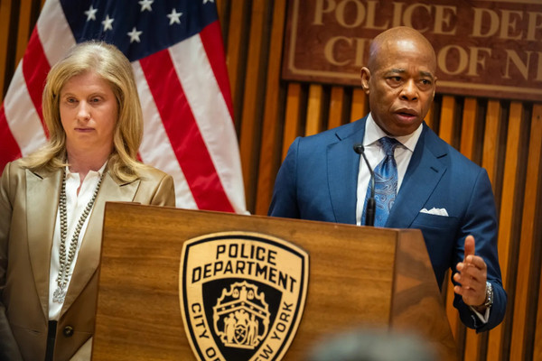 Mayor Eric Adams and NYPD Commissioner Jessica Tisch at a press conference