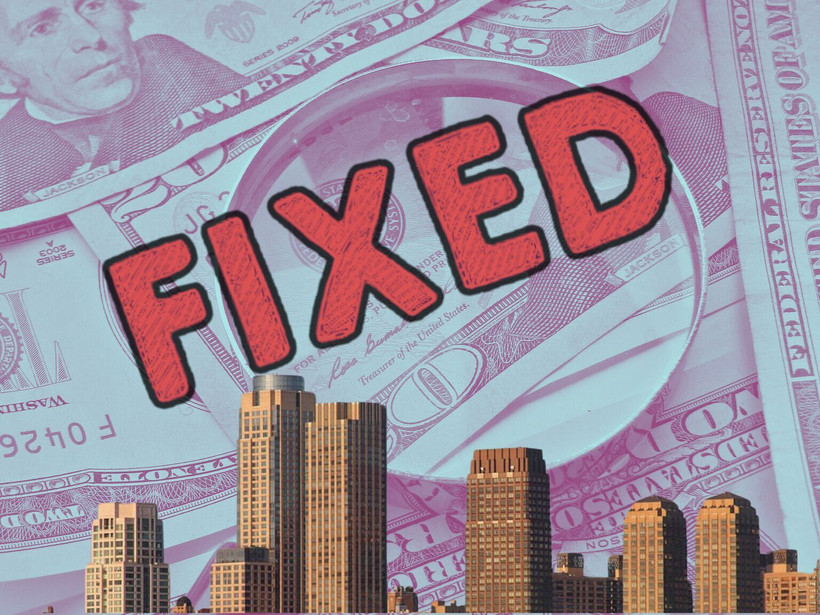 The word "fixed" is overlaid on top of a Bronx city skyline with a background of $20 bills.