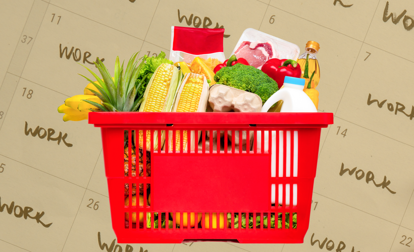A photo collage of a shopping basket full of groceries, in front of a yellow-tinted photo of a calendar with "work" written in many of the days.