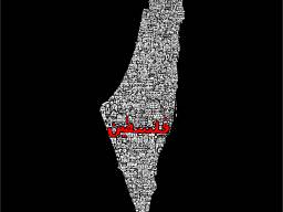 Black background. The silhouette of a country is filled with black-and-white drawings of houses and buildings. In red, it reads "Palestine" in Arabic.