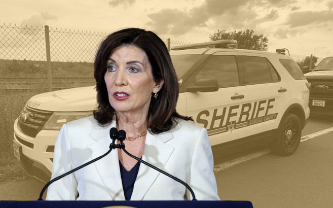 A photo collage of Governor Kathy Hochul in the foreground, over a yellow-tinted photo of an Oswego Sheriff's car in the background.