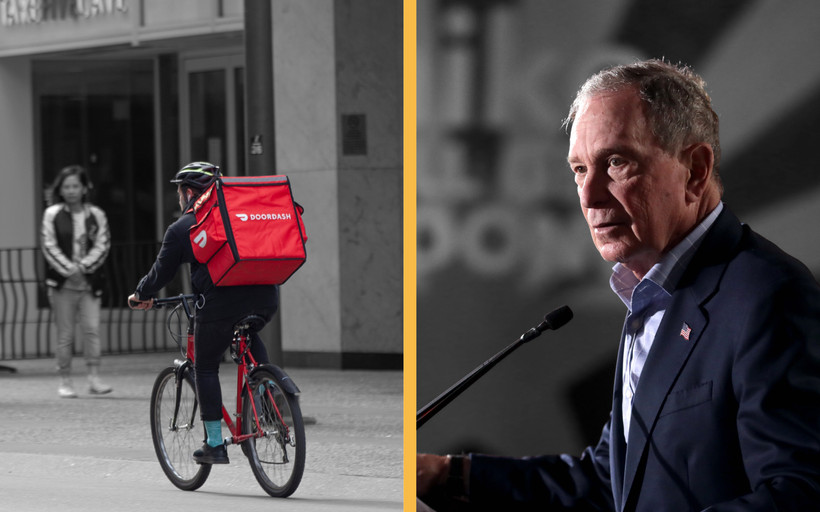 A diptych of two photos: a DoorDash delivery worker and a photo of former Mayor Michael Bloomberg.