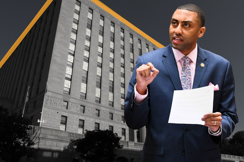 A photo illustration showing Bronx Democratic Party Chair Jamaal Bailey in front of the Bronx County Courthouse.