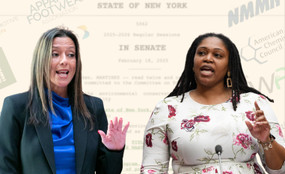 Senator Monica Martinez (left) and Assemblymember Chantel Jackson (right) in an illustration showing legislative text and logos in the background