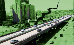 Syracuse I-81 viaduct with the city in green behind it and a crack through the middle.