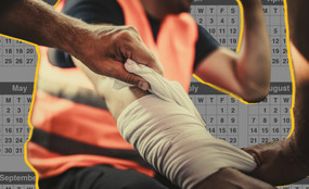 Photo collage of an injured worker - two other people are bandaging their arm up. A calendar showing several months in a year in the background.