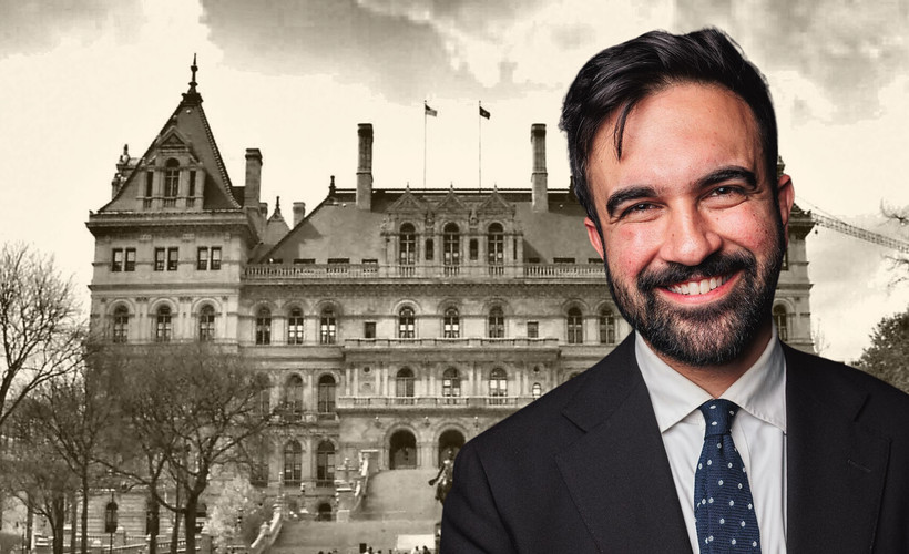 A photo collage of Zohran Mamdani in front of the New York state Capital.