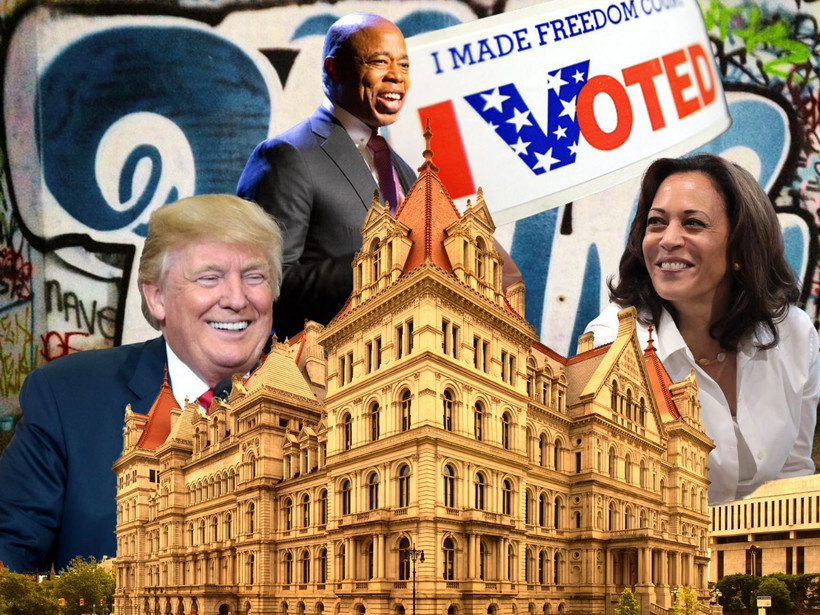 A collage of images showing the Albany Capitol building, Vice President Kamala Harris, former President Donald Trump, and NYC Mayor Eric Adams.