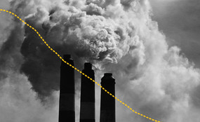 Black and white photo of three smokestacks overlaid with a diagonal yellow dotted line corresponding to modeled data of emissions decreases in New York State.