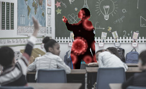 In school classroom full of children, a teacher silhouette of a teacher is filled in with microscopic coronaviruses.