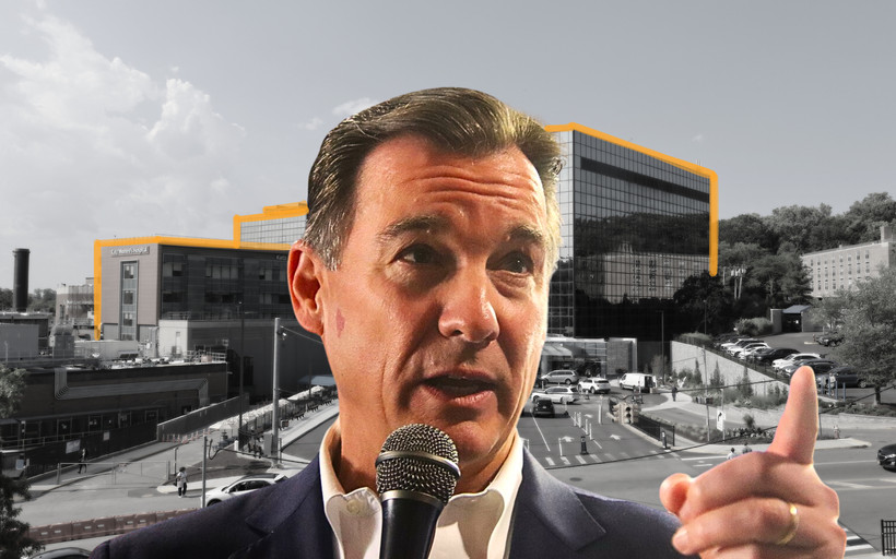 Photo collage of Tom Suozzi over North Shore University Hospital