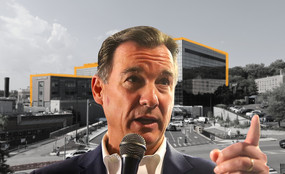 Photo collage of Tom Suozzi over North Shore University Hospital