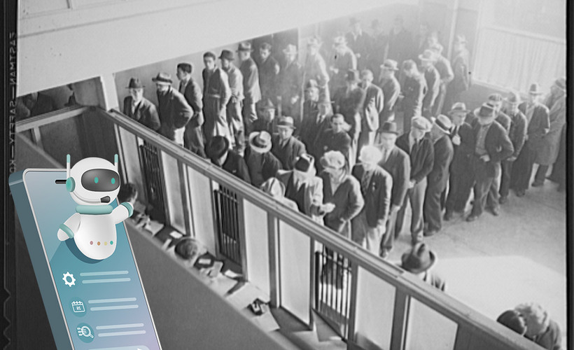 A line of unemployment seekers waits in a San Francisco benefits office during the Great Depression in a black-and-white image. Color clipart of a chatbot is overlayed on the left side