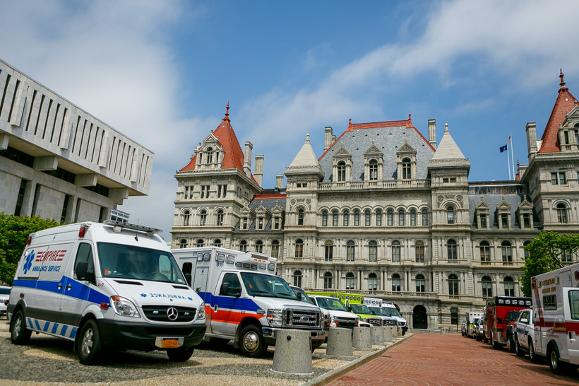 Ambulances in front of the NY State Capitol Building in Albany.