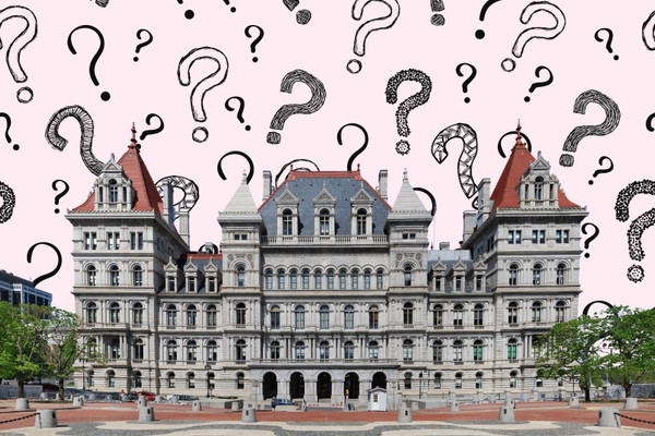 New York State Capitol in front of question marks