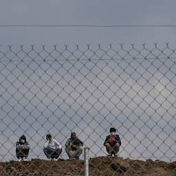 Six people crouching behind a wire fence