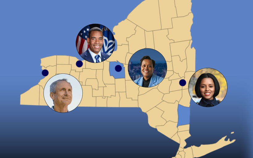 A map of New York state, with some headshots of successful candidates