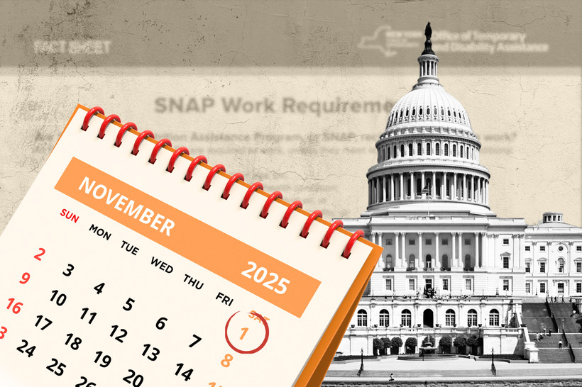 A calendar with November 1 circled, in front of a photo of the United States Capitol and a document showing the new SNAP work rules.