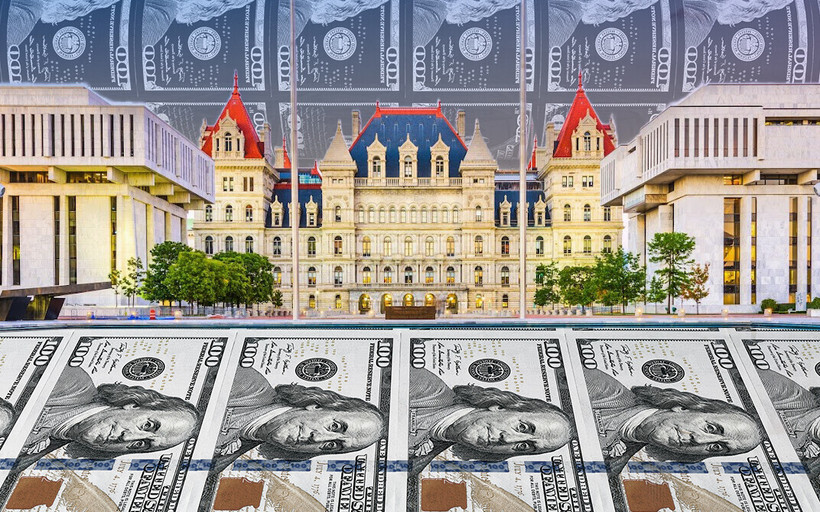 Albany Capitol superimposed over 100 dollar bill money printer