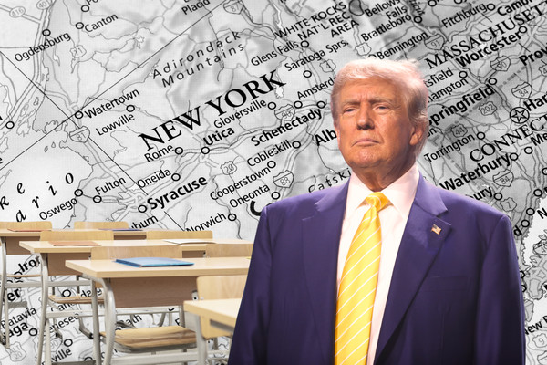 Photo collage of Donald Trump in front of school desks, with a map of New York state in the background.