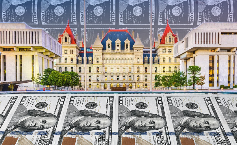 Albany Capitol superimposed over 100 dollar bill money printer