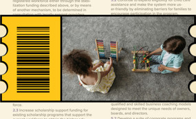 A voucher ticket shows an image of two children playing with colorful toys. In the background, text from the document, "Making Child Care More Affordable, Accessible and Equitable for New Yorkers."