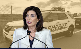 A photo collage of Governor Kathy Hochul in the foreground, over a yellow-tinted photo of an Oswego Sheriff's car in the background.