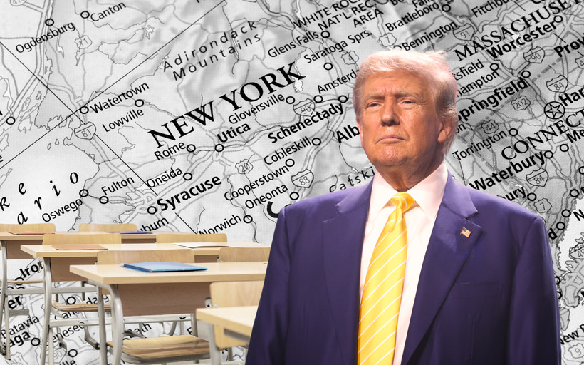 Photo collage of Donald Trump in front of school desks, with a map of New York state in the background.