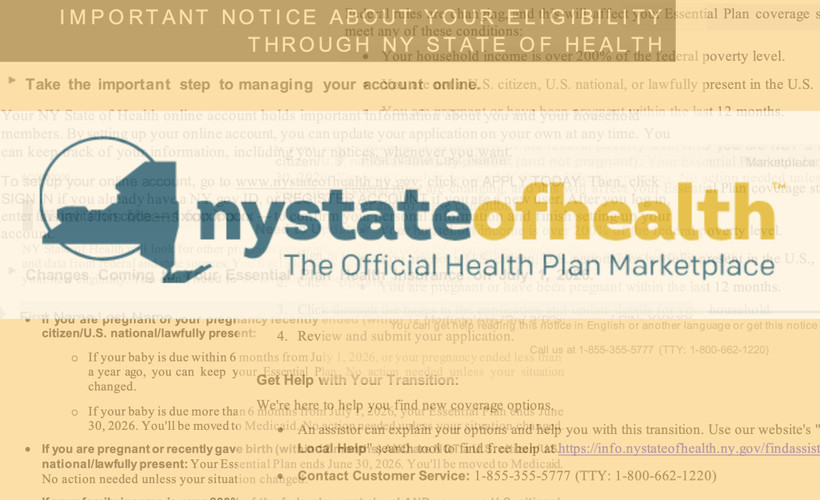 An illustration showing the New York State of Health logo and paperwork bearing several messages around essential plan eligibility and plan termination.