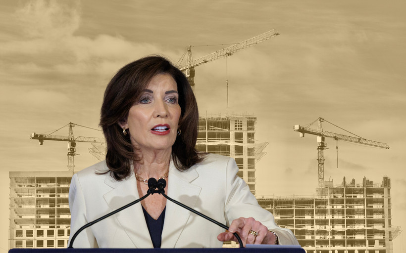A photo collage of Governor Kathy Hochul in front of a yellow-tinted photo of three new apartment buildings under construction.