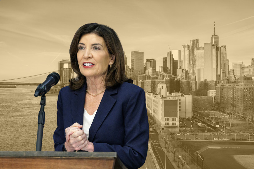 Photo collage of Governor Kathy Hochul in front of a yellow-tinted photo of New York City.