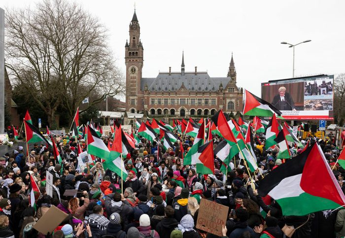 Supporters wave Pro-Palestinian flags and watch the court proceedings of South Africa's genocide case against Israel on TV screens outside the International Court of Justice in the Hague, Netherlands