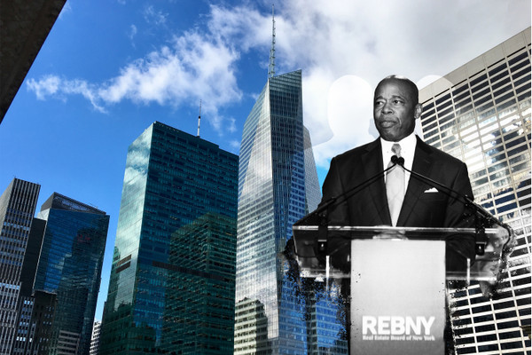 NYC Mayor Eric Adams stands at a podium at REBNY gala superimposed over shot of One Bryant Park