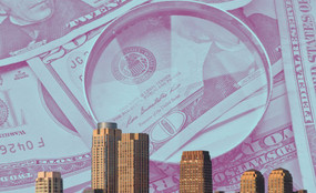 An image shows a closeup of a magnifying glass and $20 bills behind the Bronx skyline.
